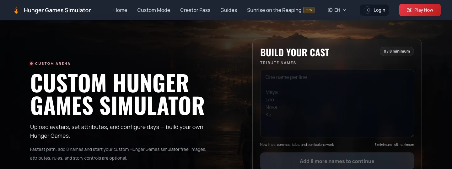Custom Hunger Games Simulator cast builder with name entry and image controls